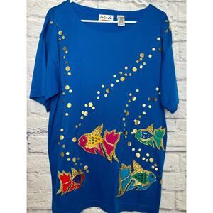 Arlando VNTG Blue Short Sleeve Top Embroidered Tropical Fish Beaded Bubbles MED